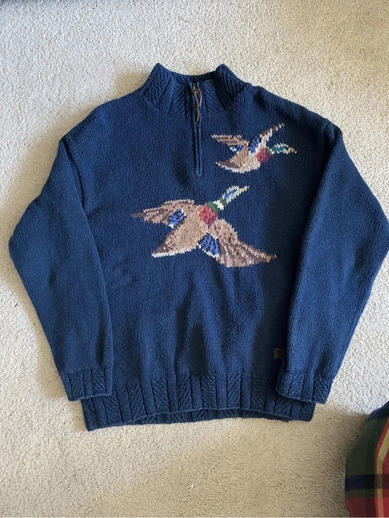 Ralph Lauren Sweaters - Vintage Ralph Lauren Mallard Duck Zip Sweater Sz L Hand Knit Intarsia